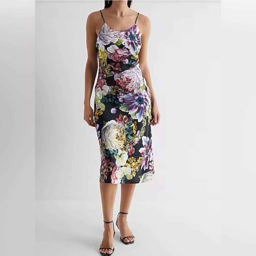 Express floral scoop satin slip midi dress Medium